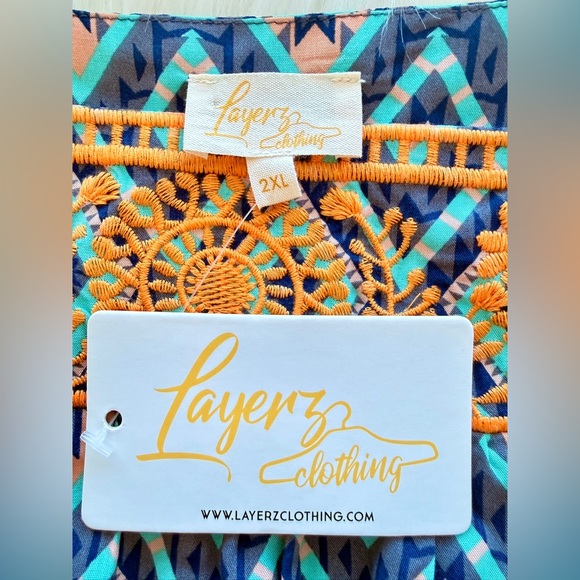 Layers Clothing 2XL NWT Boho Embroidered Geometric Tunic Top Blue Turquoise - Picture 7 of 10